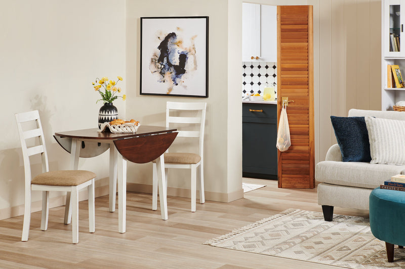 Bryn 3pc Dining Package with 42\" Drop-Leaf Table & 2 Chairs, Fabric -Two-Tone White & Brown