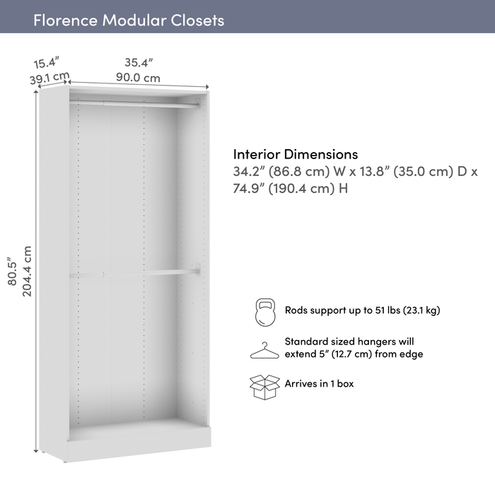 Bestar Florence 35\" Modular Double Hanging Closet System - White