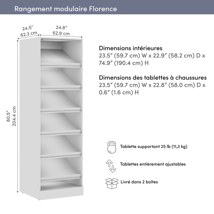 Bestar Florence 25\" Modular Shoe Shelf Closet System with LED Light - White