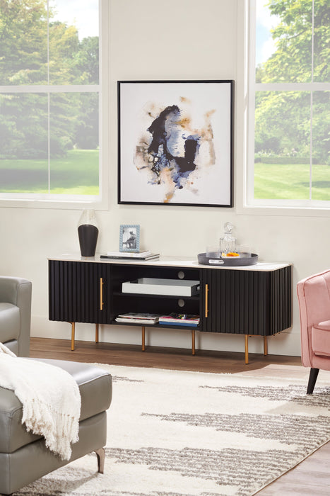 Kort & Co. Capri 60” Modern TV Stand with White Sintered Stone Top, Storage and Cable Management for TVs up to 65” - Black and Gold