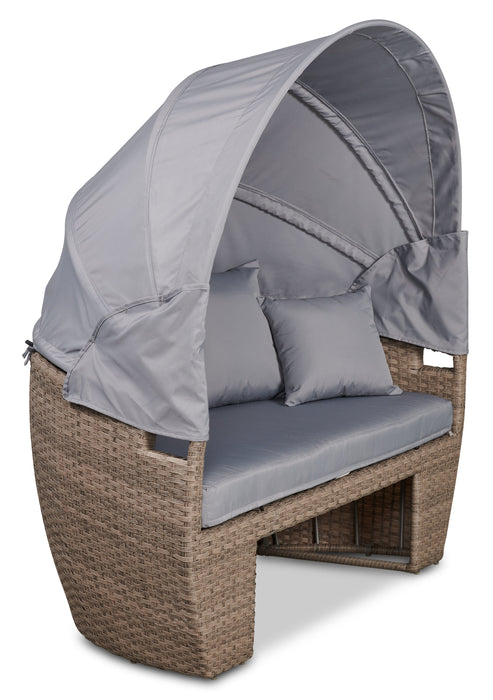 Capri 2-Piece Canopy Outdoor Patio Conversation Set with Canopy Daybed, Semi-Circle Ottoman & 4 Throw Pillows - Hand-Woven Resin Wicker, UV & Weather Resistant - Grey