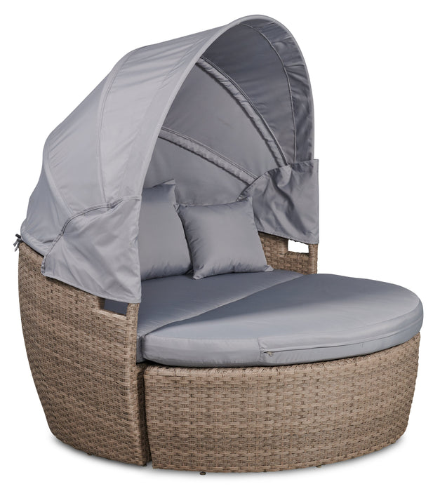 Capri 2-Piece Canopy Outdoor Patio Conversation Set with Canopy Daybed, Semi-Circle Ottoman & 4 Throw Pillows - Hand-Woven Resin Wicker, UV & Weather Resistant - Grey