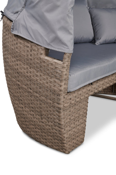 Capri 2-Piece Canopy Outdoor Patio Conversation Set with Canopy Daybed, Semi-Circle Ottoman & 4 Throw Pillows - Hand-Woven Resin Wicker, UV & Weather Resistant - Grey