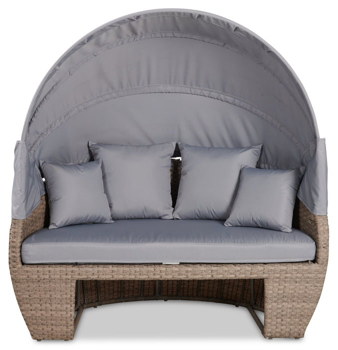 Capri 2-Piece Canopy Outdoor Patio Conversation Set with Canopy Daybed, Semi-Circle Ottoman & 4 Throw Pillows - Hand-Woven Resin Wicker, UV & Weather Resistant - Grey