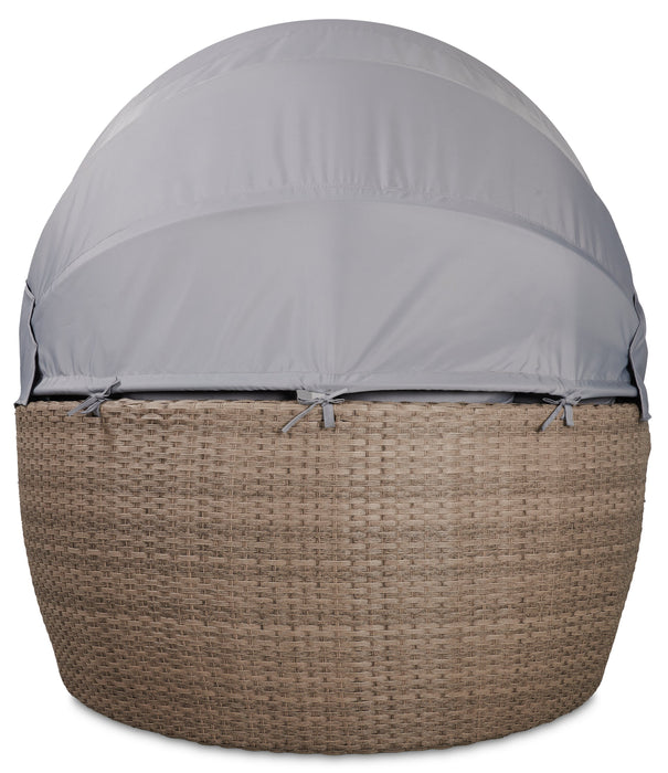 Capri 2-Piece Canopy Outdoor Patio Conversation Set with Canopy Daybed, Semi-Circle Ottoman & 4 Throw Pillows - Hand-Woven Resin Wicker, UV & Weather Resistant - Grey