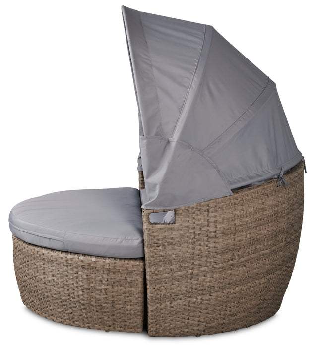 Capri 2-Piece Canopy Outdoor Patio Conversation Set with Canopy Daybed, Semi-Circle Ottoman & 4 Throw Pillows - Hand-Woven Resin Wicker, UV & Weather Resistant - Grey