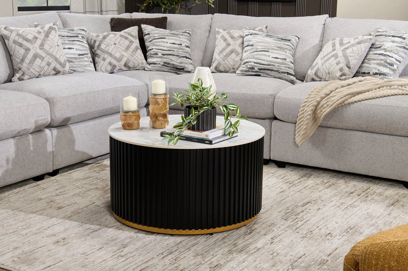 Kort & Co. Capri 32” Modern Round Coffee Table with White Sintered Stone Top and Casters - Black and Gold