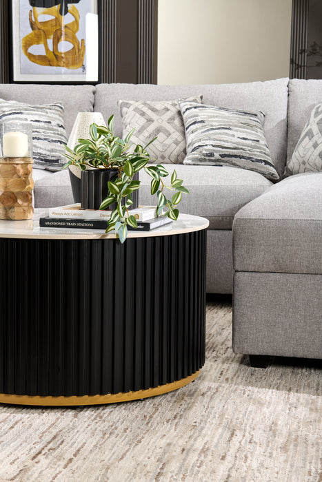 Kort & Co. Capri 32” Modern Round Coffee Table with White Sintered Stone Top and Casters - Black and Gold