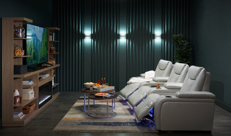 Cinema 112.6\" Leather-Look Fabric Power Reclining Home Theatre Seating with Three Seats - Cosmic Fog Grey