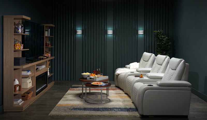 Cinema 112.6\" Leather-Look Fabric Power Reclining Home Theatre Seating with Three Seats - Cosmic Fog Grey