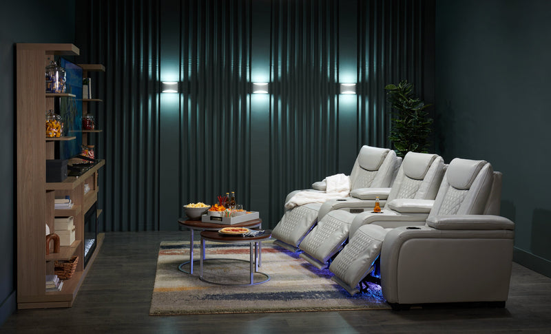 Cinema 112.6\" Leather-Look Fabric Power Reclining Home Theatre Seating with Three Seats - Cosmic Fog Grey