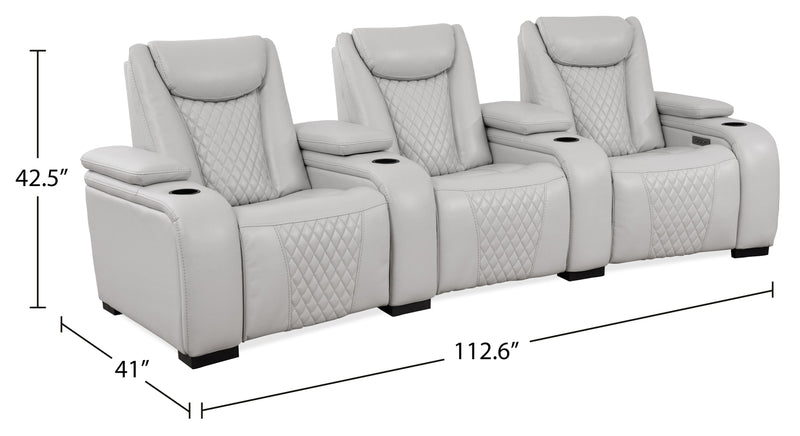 Cinema 112.6\" Leather-Look Fabric Power Reclining Home Theatre Seating with Three Seats - Cosmic Fog Grey