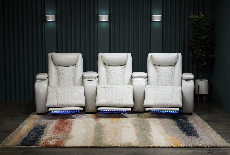 Cinema 112.6\" Leather-Look Fabric Power Reclining Home Theatre Seating with Three Seats - Cosmic Fog Grey