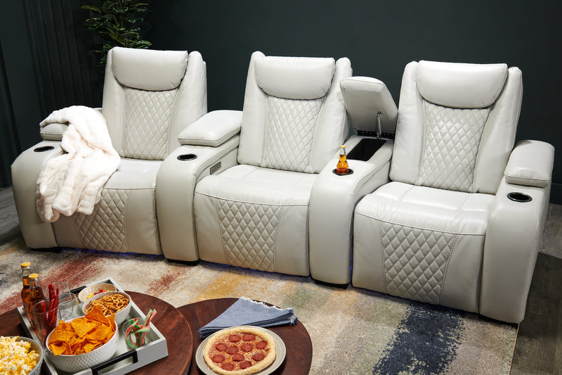 Cinema 112.6\" Leather-Look Fabric Power Reclining Home Theatre Seating with Three Seats - Cosmic Fog Grey