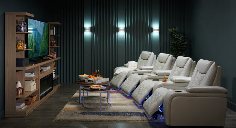 Cinema 5-Piece Leather-Look Fabric Home Theatre Power Reclining Sectional with Power Headrests - Cosmic Fog Grey