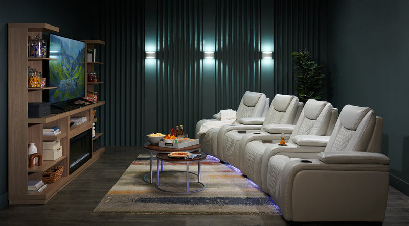 Cinema 5-Piece Leather-Look Fabric Home Theatre Power Reclining Sectional with Power Headrests - Cosmic Fog Grey