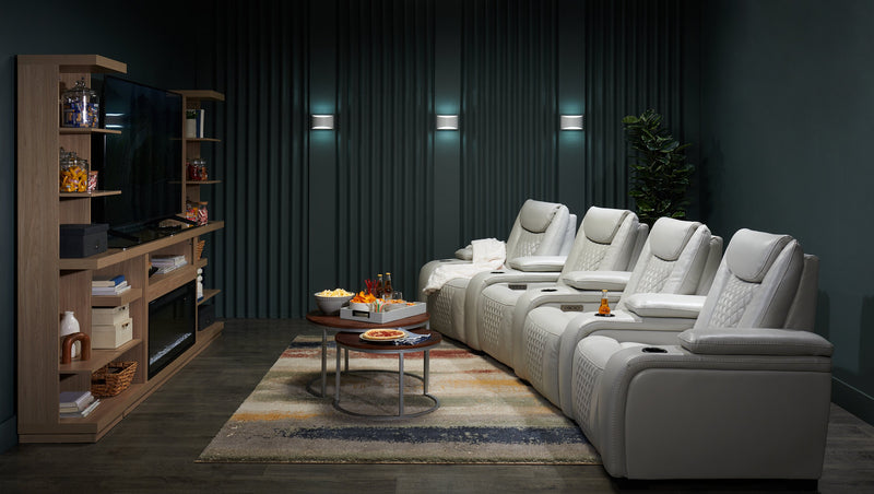 Cinema 5-Piece Leather-Look Fabric Home Theatre Power Reclining Sectional with Power Headrests - Cosmic Fog Grey