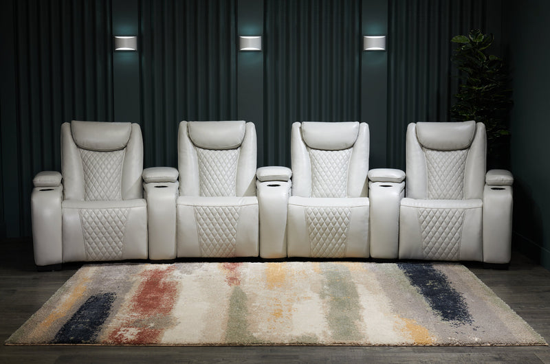 Cinema 5-Piece Leather-Look Fabric Home Theatre Power Reclining Sectional with Power Headrests - Cosmic Fog Grey