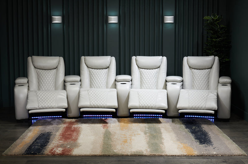 Cinema 5-Piece Leather-Look Fabric Home Theatre Power Reclining Sectional with Power Headrests - Cosmic Fog Grey