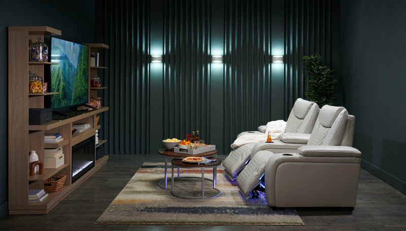 Cinema 79.6\" Leather-Look Fabric Power Reclining Home Theatre Seating with Two Seats - Cosmic Fog Grey