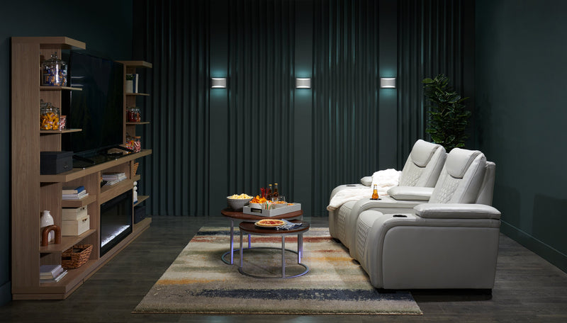 Cinema 79.6\" Leather-Look Fabric Power Reclining Home Theatre Seating with Two Seats - Cosmic Fog Grey