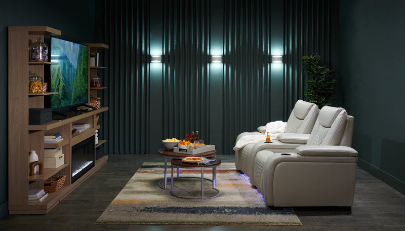 Cinema 79.6\" Leather-Look Fabric Power Reclining Home Theatre Seating with Two Seats - Cosmic Fog Grey