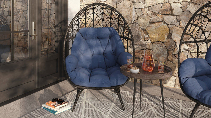 Kort & Co. Coco Outdoor Patio Egg Chair - Hand-Woven Resin Wicker, UV & Weather Resistant - Dark Grey/Blue