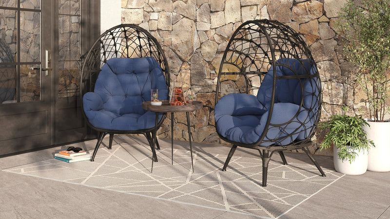 Kort & Co. Coco Outdoor Patio Egg Chair - Hand-Woven Resin Wicker, UV & Weather Resistant - Dark Grey/Blue