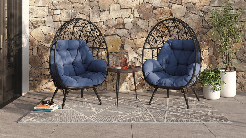 Kort & Co. Coco Outdoor Patio Egg Chair - Hand-Woven Resin Wicker, UV & Weather Resistant - Dark Grey/Blue