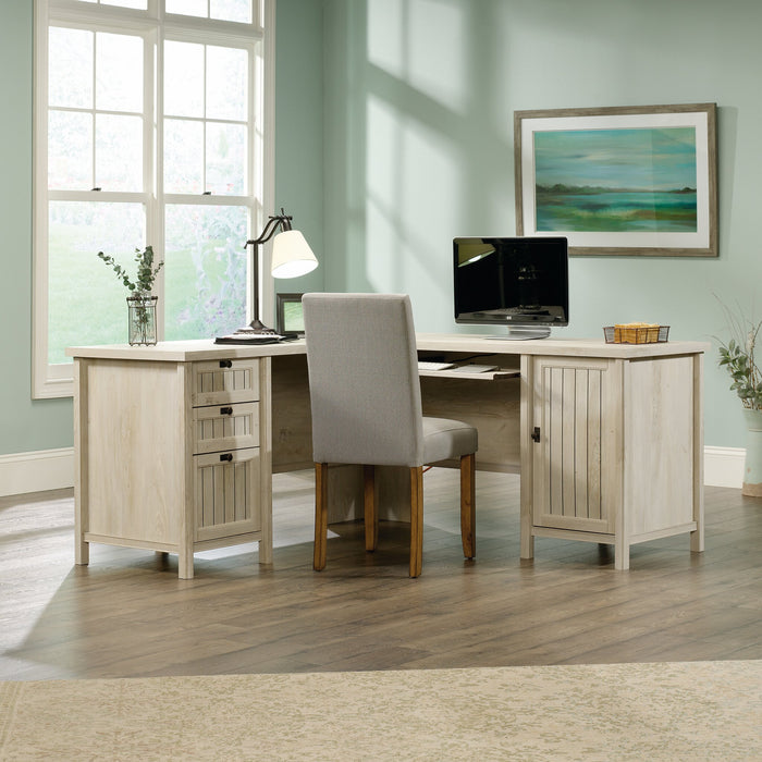 Costa 65.12\" Commercial Grade L-Shaped Office Desk with 3-Drawers & Cabinet - Chalked Chestnut