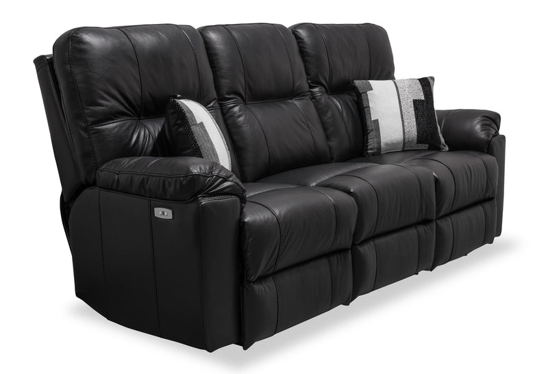 Made in Canada Dawson 87\" Genuine Leather Power Reclining Sofa with USB Port and Accent Pillows - Black