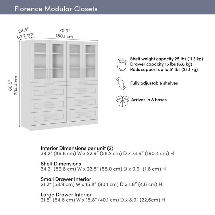Bestar Florence 71\" Modular Walk-In Closet System with LED Lights and Storage - White