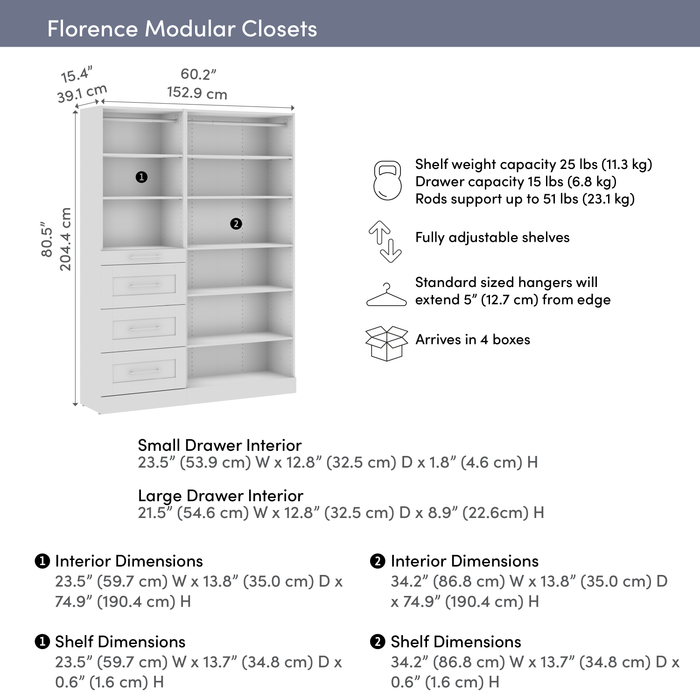 Bestar Florence 61\" Modular Reach-In/Walk-In Closet System with Shelves and Drawers Shaker Style - White