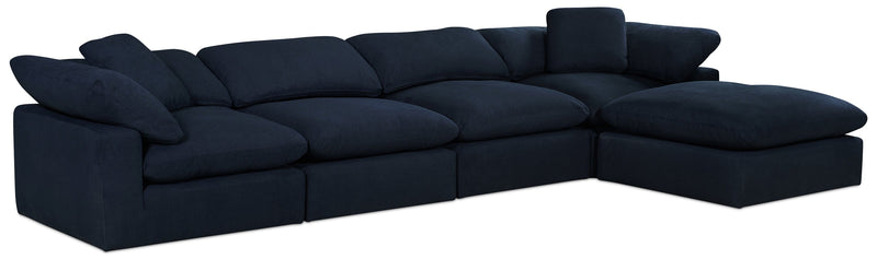 Eclipse Modular 5-Piece Linen-Look Fabric Sectional with Ottoman and Reversible Feather Down Cushions - Navy Blue