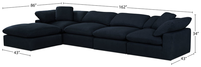 Eclipse Modular 5-Piece Linen-Look Fabric Sectional with Ottoman and Reversible Feather Down Cushions - Navy Blue