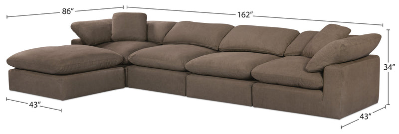 Eclipse Modular 5-Piece Linen-Look Fabric Sectional with Ottoman and Reversible Feather Down Cushions - Slate Grey