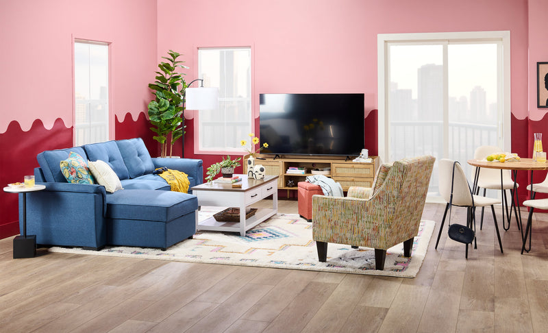 Eden 2-Piece Reversible Fabric Sleeper Sectional with Storage Chaise and Removable Back Cushions - Blue