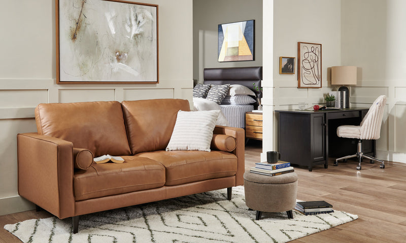 Edge 70\" Genuine Leather Loveseat with Wood Legs and Removable Back Cushions - Brown