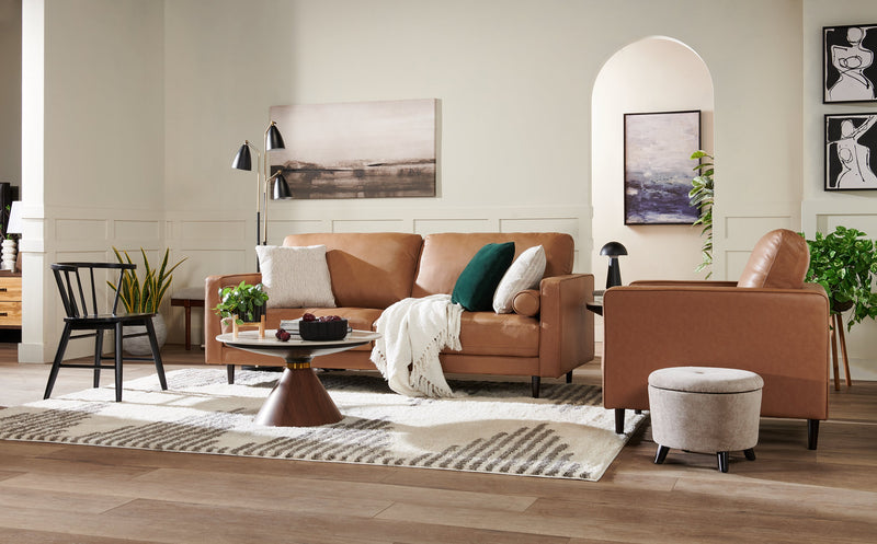 Edge 86\" Genuine Leather Sofa with Wood Legs and Removable Back Cushions - Brown