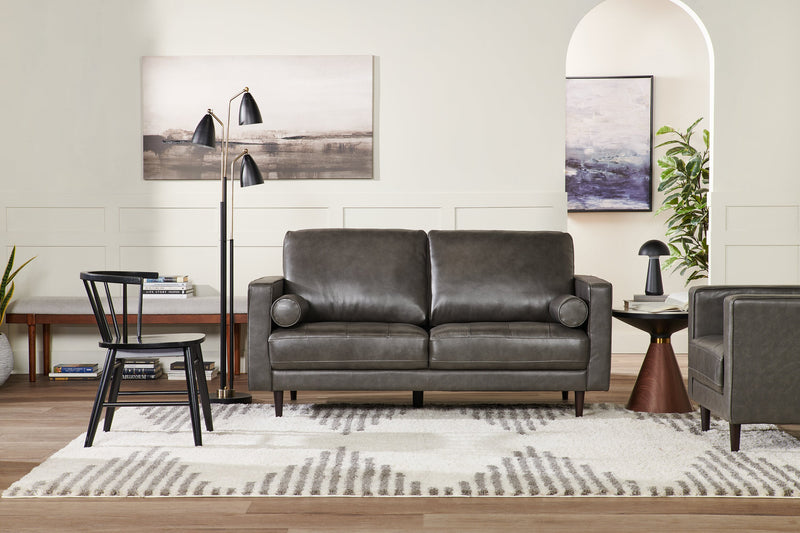 Edge 70\" Genuine Leather Loveseat with Wood Legs and Removable Back Cushions - Grey