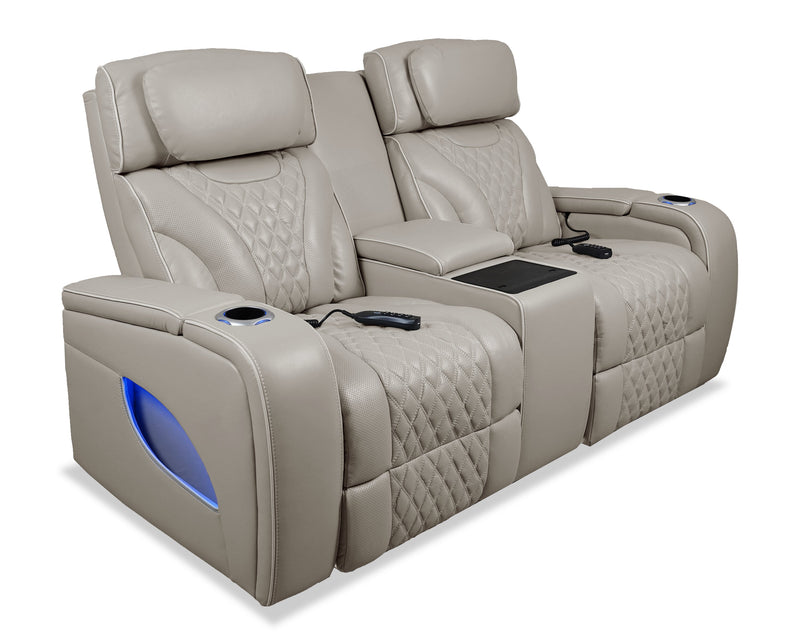 Elite 74\" Genuine Leather Massage Power Reclining Loveseat with Immersive Audio and Power Headrests - Putty