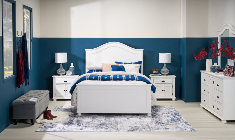 Ella Panel Bed with Headboard & Frame, Chevron Pattern, White - Queen Size