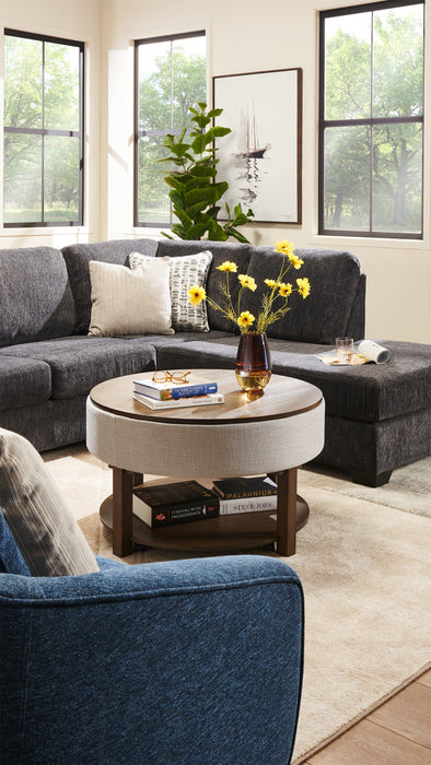 Elroy 33\" Rustic Round Lift Top Coffee Table With Storage, Shelf and Casters - Brown and Grey with Fabric Edge