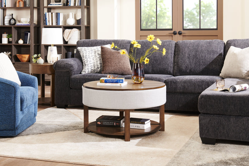 Elroy 33\" Rustic Round Lift Top Coffee Table With Storage, Shelf and Casters - Brown and Grey with Fabric Edge