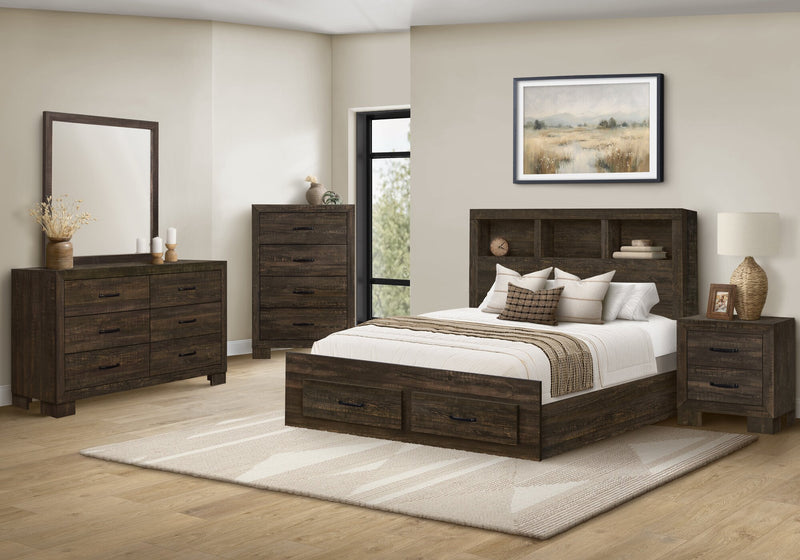 Ethan Storage 5pc Bedroom Set with Bookcase Headboard, Dresser & Mirror, Rustic Brown - Queen Size