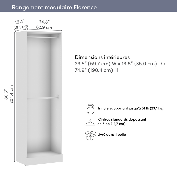 Bestar Florence 25\" Modular Double Hanging Closet System - White