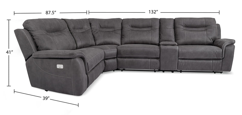 Floy 5-Piece Faux Suede Power Reclining Sectional with Power Headrests, Storage Console and USB Port - Grey