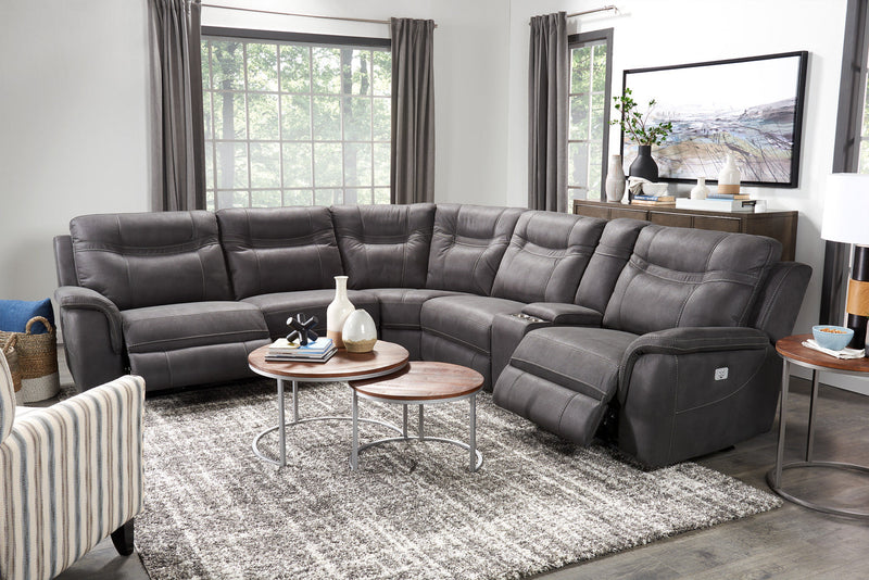 Floy 6-Piece Faux Suede Power Reclining Sectional with Power Headrests, Console and USB Port - Grey