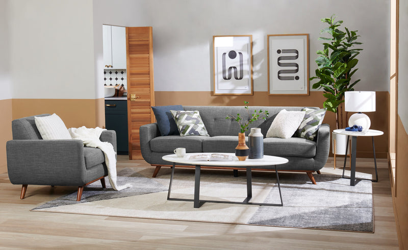 Kort & Co. Freeman 37\" Linen-Look Fabric Chair with Wood Legs and Tufted Back Cushion - Charcoal Grey