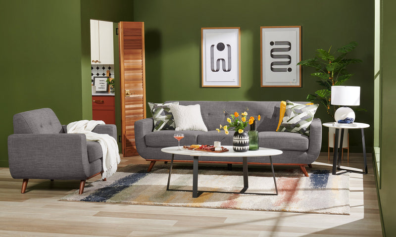 Kort & Co. Freeman 37\" Linen-Look Fabric Chair with Wood Legs and Tufted Back Cushion - Charcoal Grey